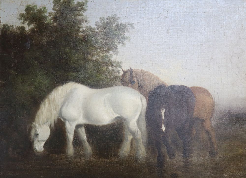 English School (early 19th century) After Shayer, oil on canvas, Heavy horses watering 37 x 49cm, unframed